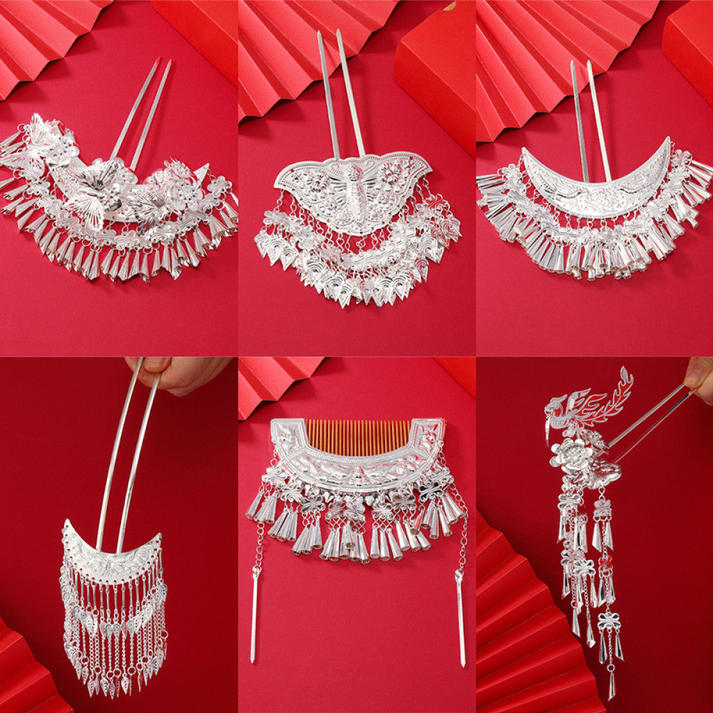 6pcs  silver-tone hair stick featuring intricate openwork details and layered tassel fringe 01