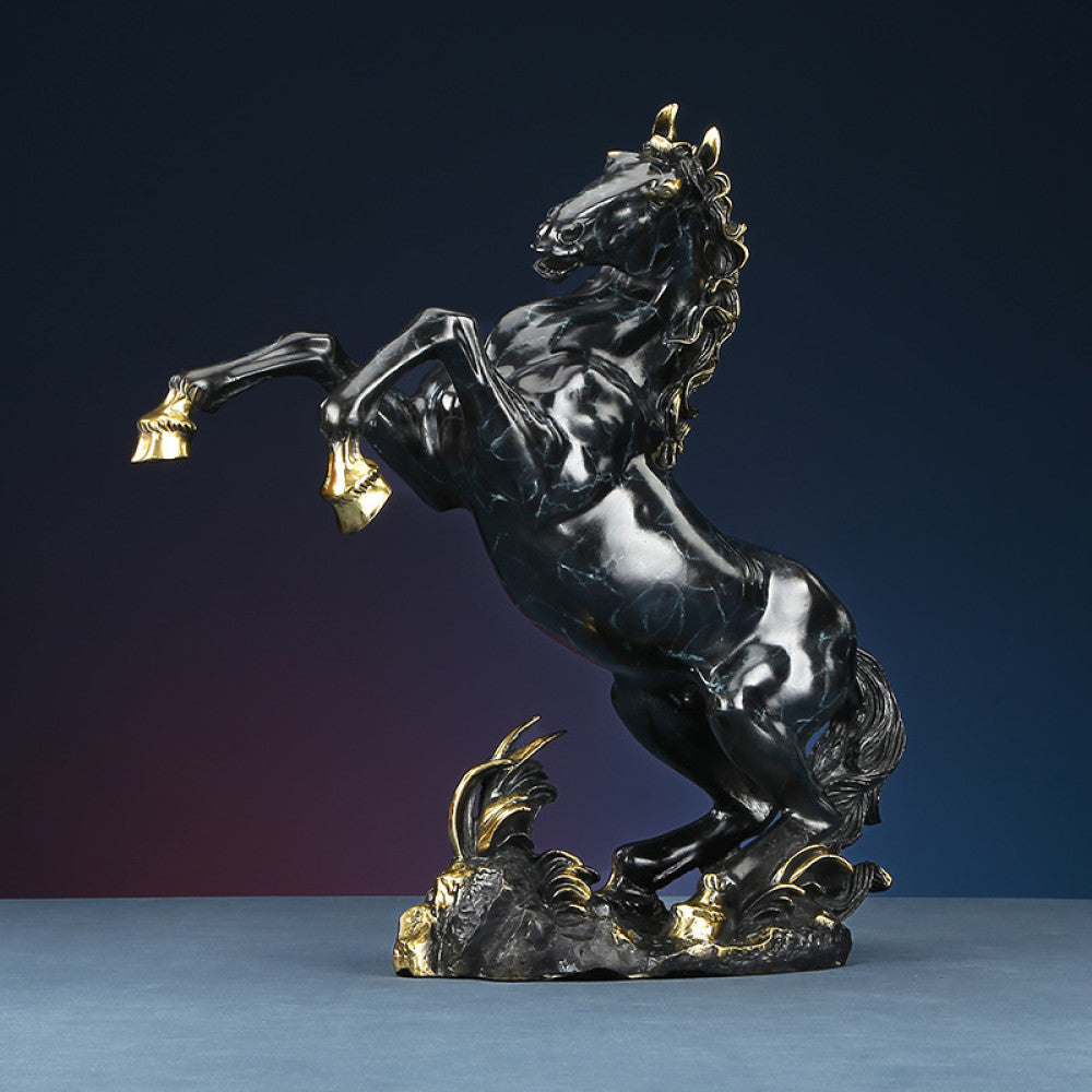 Black and gold rearing horse statue with intricate golden details, a Feng Shui symbol of success and strength, displayed as stylish home decor against a dark blue gradient background 01