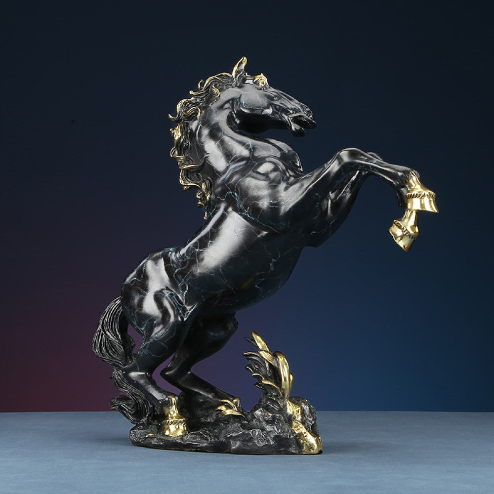 Black and gold rearing horse statue with intricate golden details, a Feng Shui symbol of success and strength, displayed as stylish home decor against a dark blue gradient background 02