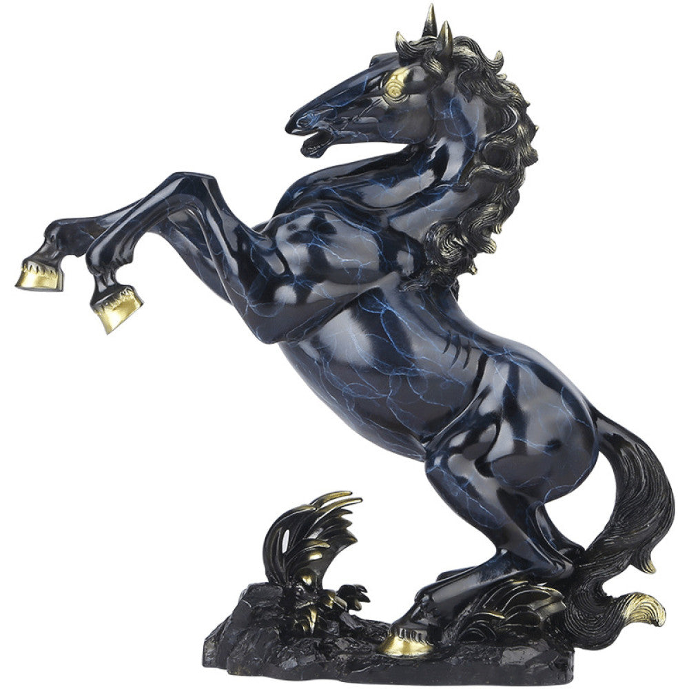 Black and gold rearing horse statue with intricate golden details, a Feng Shui symbol of success and strength, displayed as stylish home decor against a dark blue gradient background 04