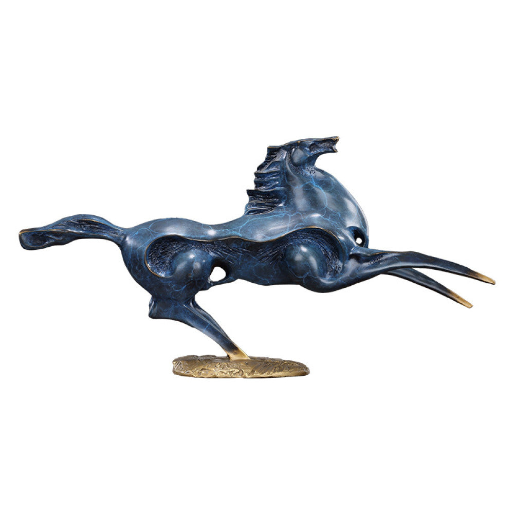 Blue galloping horses statue with golden accents, a symbol of success and strength in Feng Shui, displayed as stylish home decor on a wooden table against a gray background 02