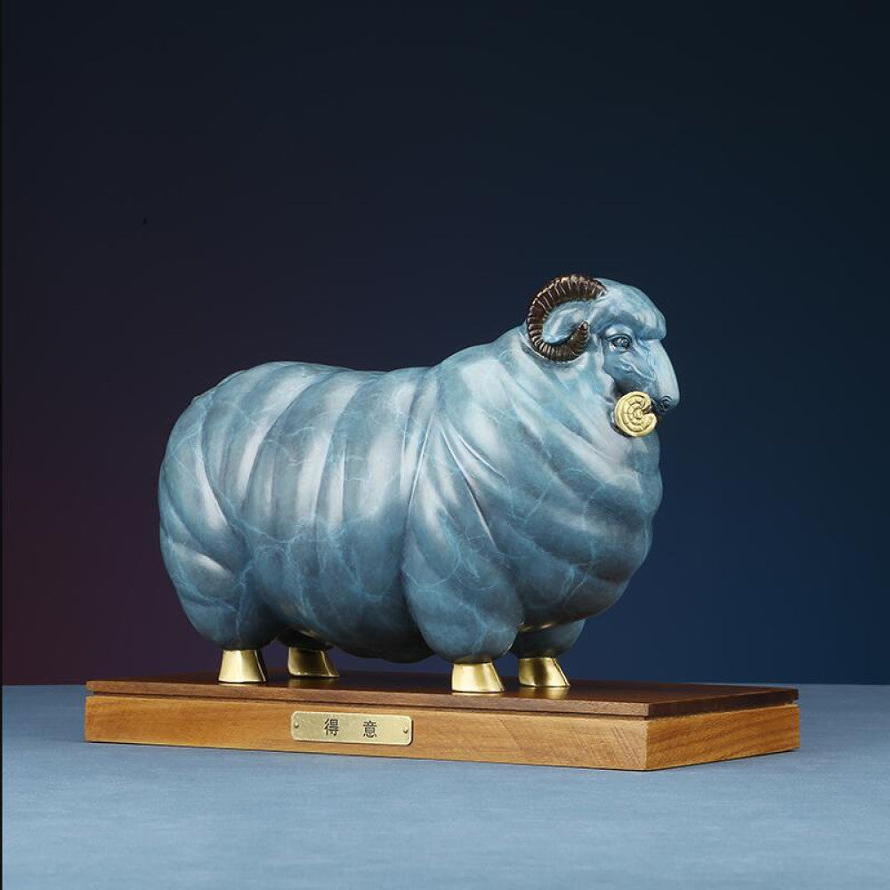 Blue ram statue with golden accents, a Feng Shui symbol of wealth and good fortune, displayed as stylish home decor on a wooden base in a living room setting 01