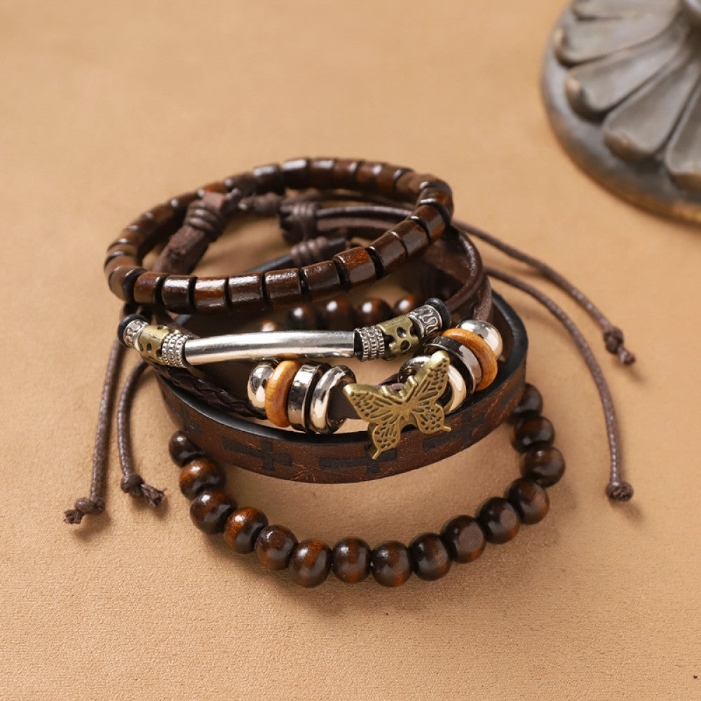 This bohemian stackable bracelet set combines woven cords, wooden beads and leather details, creating a retro layered style perfect for casual everyday wear 01