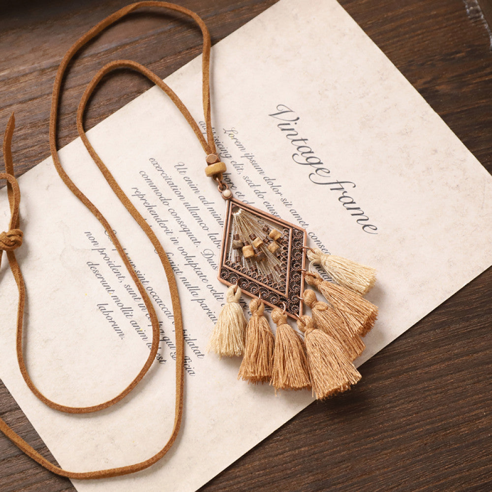 Vintage bohemian floral tassel necklace with beaded and fringe details, featuring earthy tones and intricate design, displayed on vintage paper, ideal for boho fashion enthusiasts 04