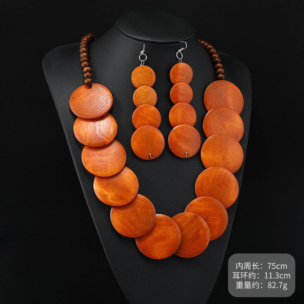 Vintage bohemian multi-layer wood beaded necklace with earthy tones, featuring intricate layered design, ideal for boho ethnic fashion, displayed on a black mannequin against a dark background 01