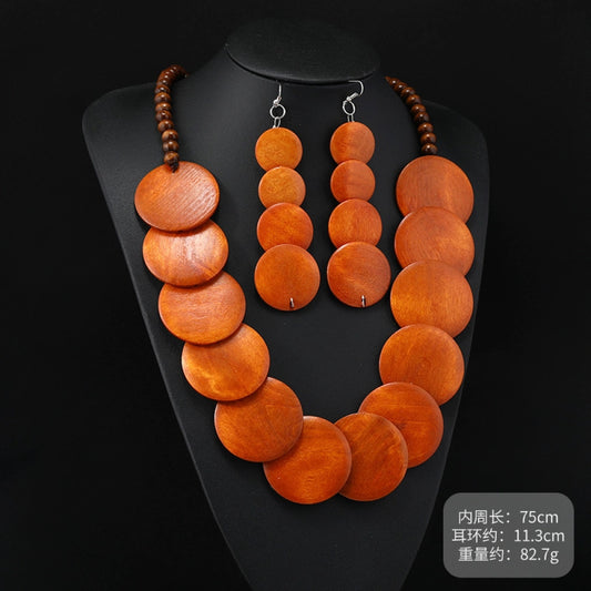 Vintage bohemian multi-layer wood beaded necklace with earthy tones, featuring intricate layered design, ideal for boho ethnic fashion, displayed on a black mannequin against a dark background 01