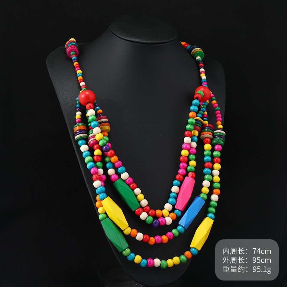 Vintage bohemian multi-layer wood beaded necklace with earthy tones, featuring intricate layered design, ideal for boho ethnic fashion, displayed on a black mannequin against a dark background 02