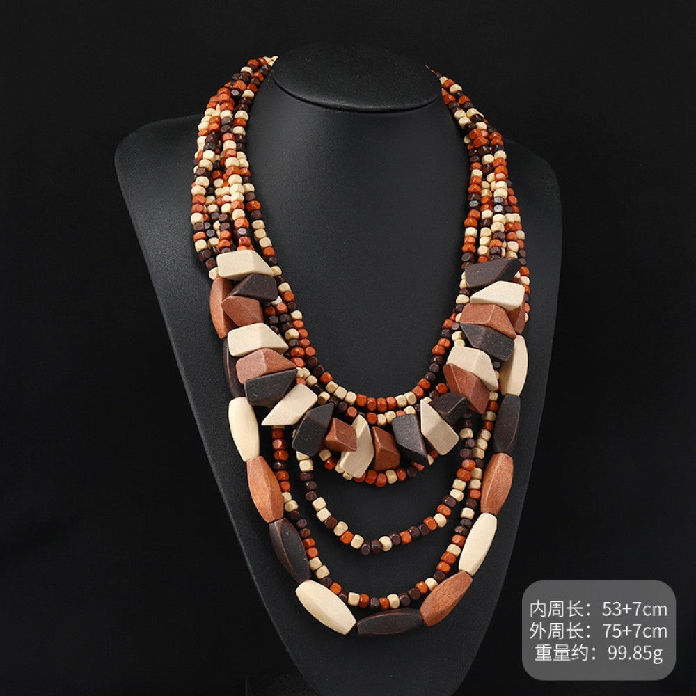 Vintage bohemian multi-layer wood beaded necklace with earthy tones, featuring intricate layered design, ideal for boho ethnic fashion, displayed on a black mannequin against a dark background 07