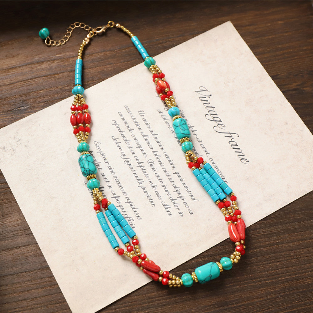 Vintage tribal-style necklace with turquoise and red beads, featuring a mix of geometric and round bead designs, ideal for bohemian fashion, showcased on vintage paper with elegant typography
