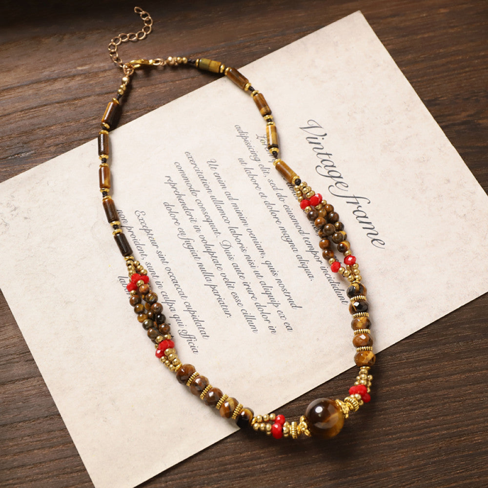 Vintage tribal-style necklace with turquoise and red beads, featuring a mix of geometric and round bead designs, ideal for bohemian fashion, showcased on vintage paper with elegant typography
 04