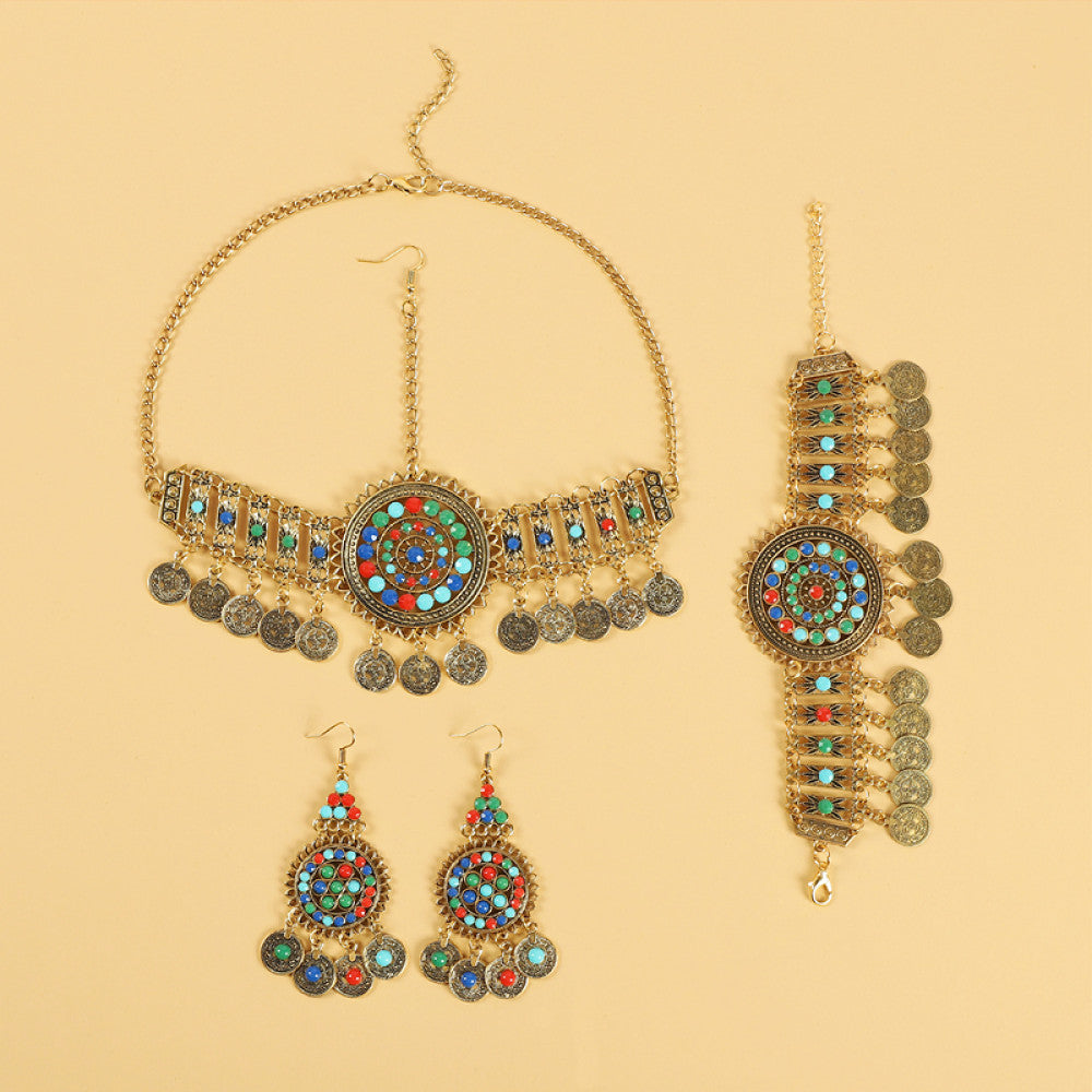 Boho ethnic silver-tone choker necklace featuring a vibrant colorful mosaic centerpiece, turquoise/gemstone decorative accents, and layered coin tassel pendants, displayed on a light yellow background, ideal for bohemian and festival fashion enthusiasts in the US 07