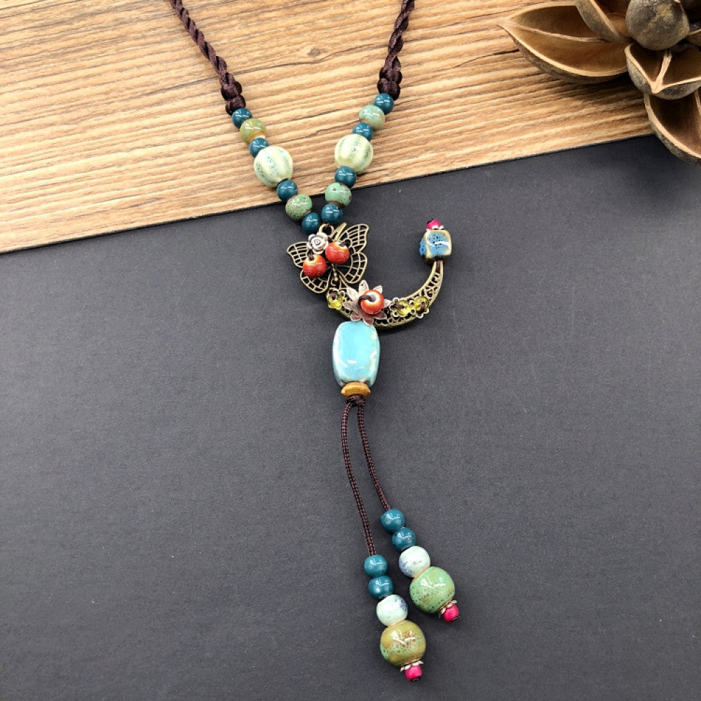 Handmade boho ceramic beaded pendant necklace with colorful beads and vintage ethnic floral design 03