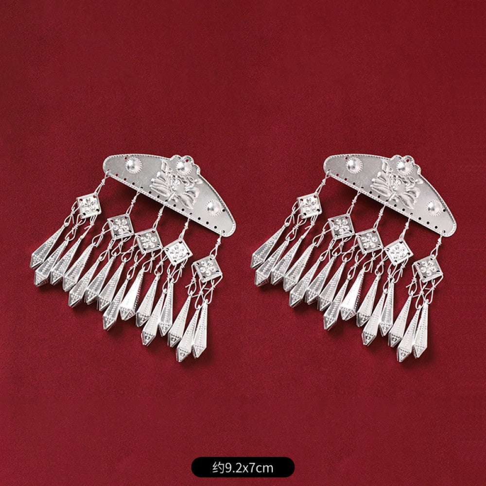 Boho vintage ethnic 2-piece silver-tone decorative ornament set featuring butterfly, lotus details, plus fish-shaped and pearl tassel pendants, ideal for bohemian retro or traditional hair/clothing styling in the US