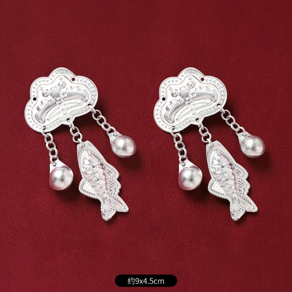 Boho vintage ethnic 2-piece silver-tone decorative ornament set featuring butterfly, lotus details, plus fish-shaped and pearl tassel pendants, ideal for bohemian retro or traditional hair/clothing styling in the US 01