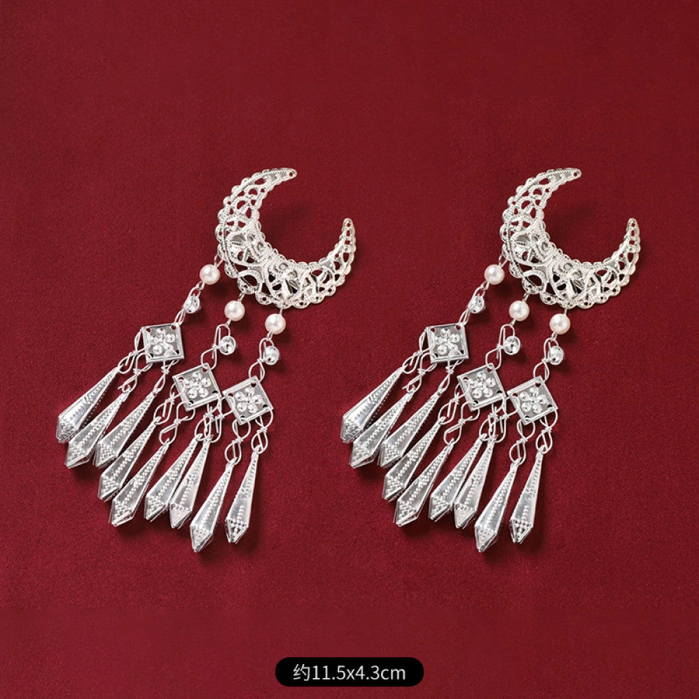 Boho vintage ethnic 2-piece silver-tone decorative ornament set featuring butterfly, lotus details, plus fish-shaped and pearl tassel pendants, ideal for bohemian retro or traditional hair/clothing styling in the US 03