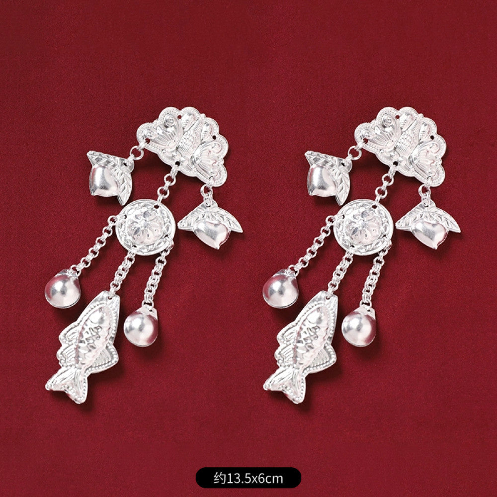 Boho vintage ethnic 2-piece silver-tone decorative ornament set (displayed on a rich red velvet background) featuring butterfly, lotus details, plus fish-shaped and pearl tassel pendants, ideal for bohemian retro or traditional hair/clothing styling in the US