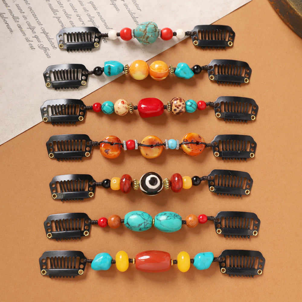 Boho vintage ethnic 7-piece double hair comb ornament set (displayed in a grid on a beige surface & text-printed paper background) featuring various bead combinations (turquoise, evil eye, colorful beads) paired with black hair combs