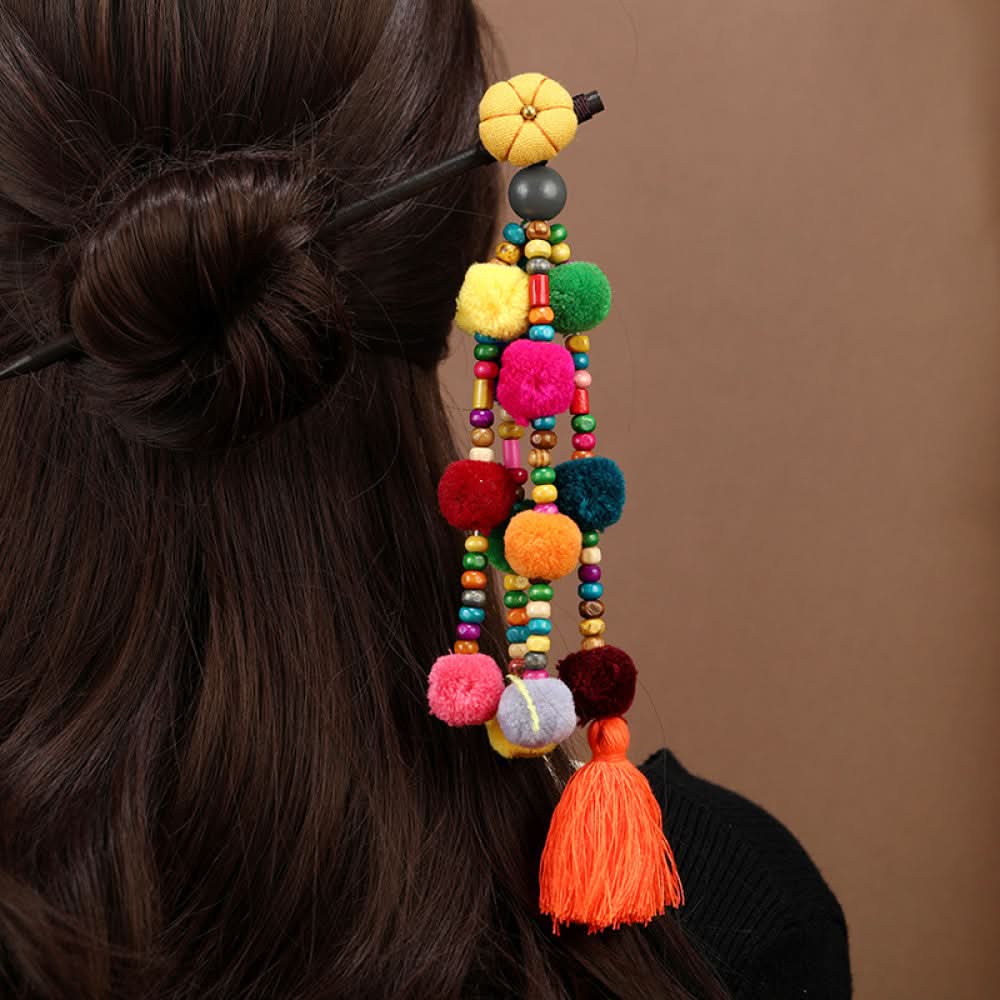 Boho vintage ethnic hair stick pendant featuring colorful pom poms, multi-color beaded accents, 