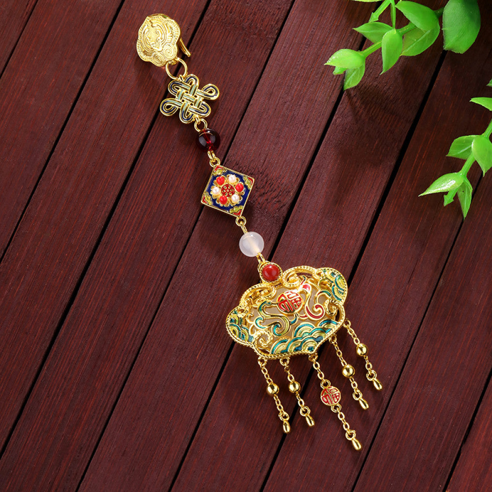 Boho vintage ethnic statement pendant charm with colorful enamel, gemstone accents and tassel details, styled on a display hook, ideal for bohemian and traditional fashion enthusiasts in the US 03