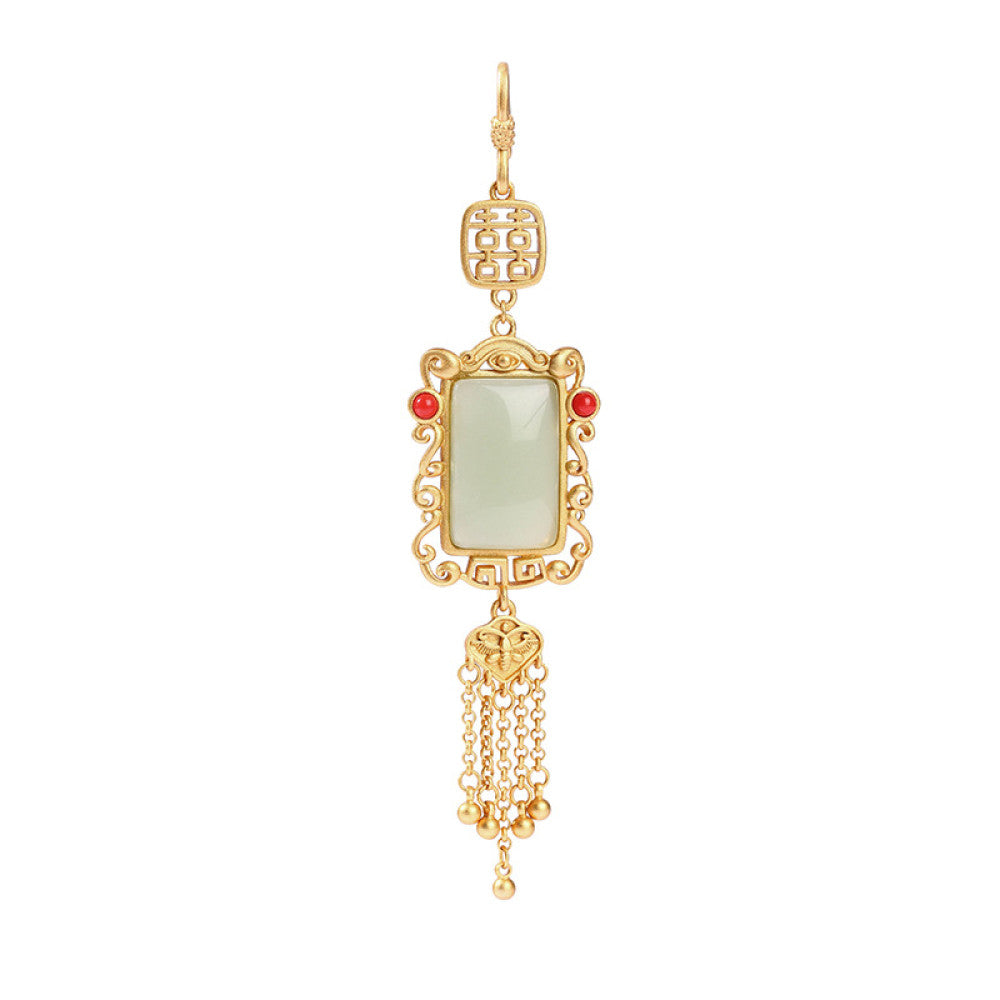 Boho vintage ethnic gold frame jade pendant featuring fu character, red accents and tassel details, styled on a tree branch, ideal for bohemian and traditional fashion enthusiasts in the US 04