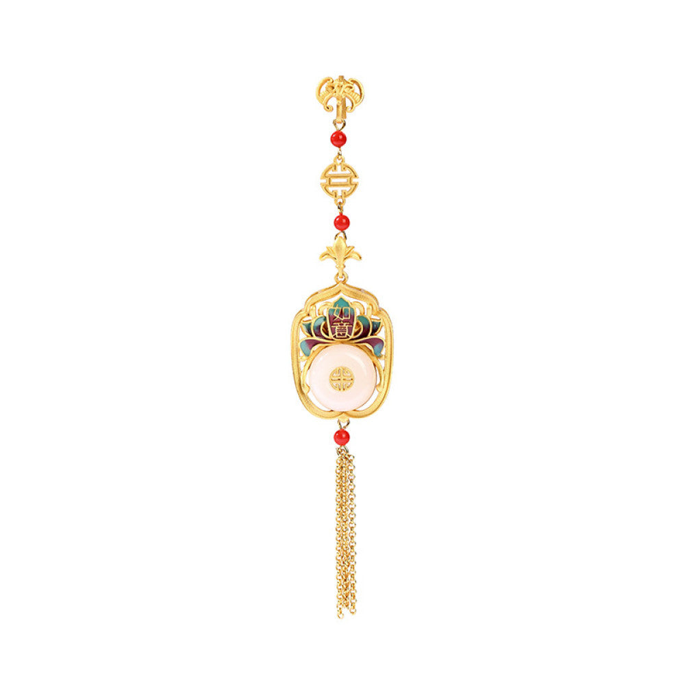 Boho vintage ethnic gold statement pendant featuring fu character, colorful enamel details, white gemstone center and gold tassel, styled on a tree branch, ideal for bohemian and traditional fashion enthusiasts in the US 03