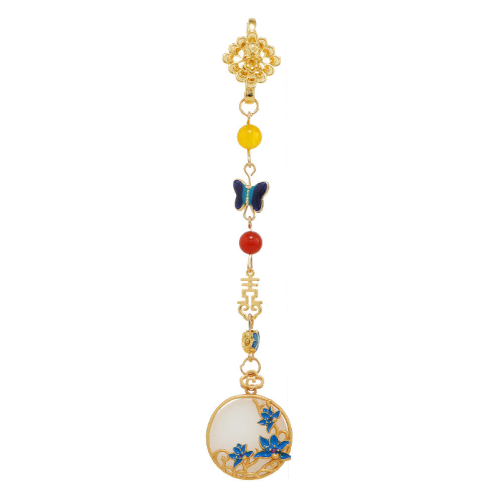 Boho vintage ethnic gold-tone hair pendant featuring butterfly decorative accent, Fu character detail, yellow/red/blue bead accents, and a white circular pendant with blue decorative detailing, styled on a wooden display hook against a black background, ideal for bohemian and traditional fashion enthusiasts in the US 06