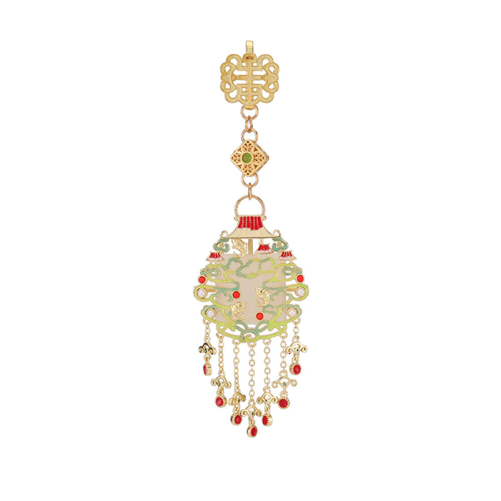 Boho vintage ethnic gold-tone hair pendant featuring intricate Chinese knot clasp, palace-style decorative pendant with red enamel details, and layered red beaded tassels, styled on a wooden display hook against a black background, ideal for bohemian and traditional fashion enthusiasts in the US 05
