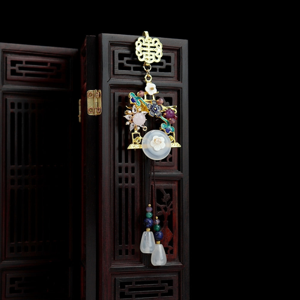 Boho vintage ethnic gold-tone hair pendant featuring double happiness charm, colorful gemstone accents, white jade details and decorative tassels, styled on a wooden display hook, ideal for bohemian and traditional fashion enthusiasts in the US 03