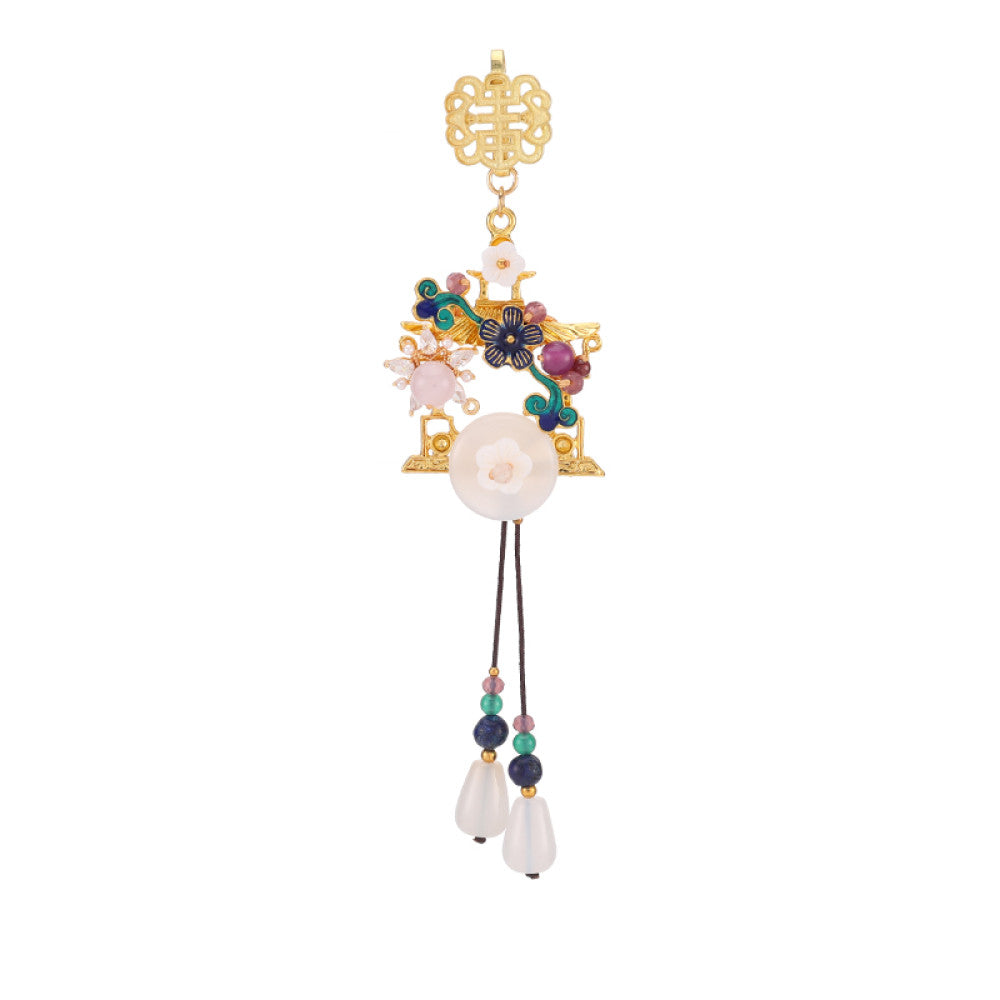 Boho vintage ethnic gold-tone hair pendant featuring double happiness charm, colorful gemstone accents, white jade details and decorative tassels, styled on a wooden display hook, ideal for bohemian and traditional fashion enthusiasts in the US 05