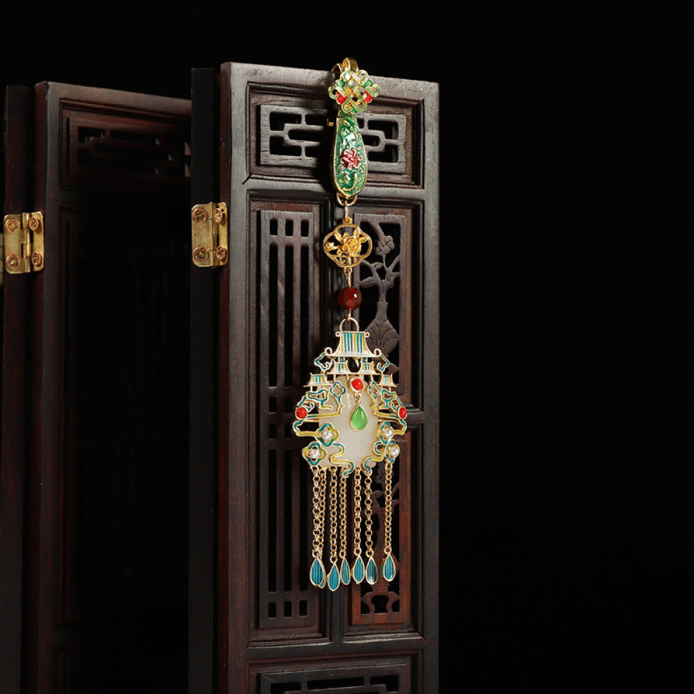 Boho vintage ethnic gold-tone hair pendant featuring colorful enamel accents, white gemstone center, palace-style charm and turquoise tassel details, styled on a wooden display hook, ideal for bohemian and traditional fashion enthusiasts in the US 03