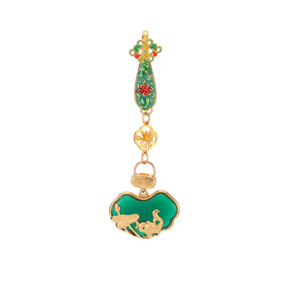 Boho vintage ethnic gold-tone hair pendant featuring green enamel accents, Chinese knot detail, and a carved green agate lock charm, styled on a wooden display hook, ideal for bohemian and traditional fashion enthusiasts in the US 03