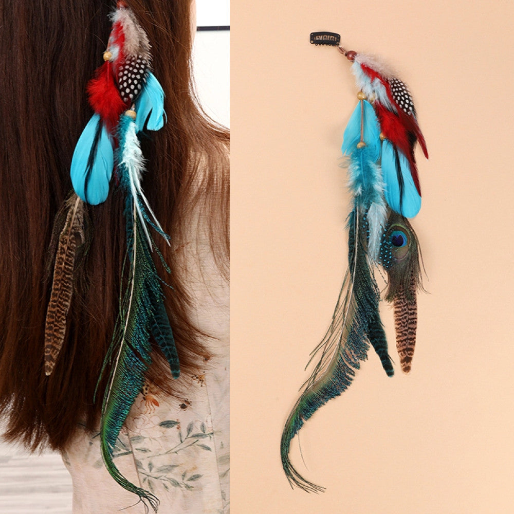 Boho vintage ethnic multi-color feather hair clip ornament (displayed via both wearing effect (left, styled in long hair) and individual piece (right, on beige background)) featuring red/blue feathers, peacock feather details, and bead accents, ideal for bohemian boho fashion styling in the US