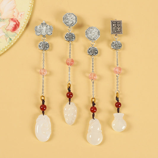 Boho vintage ethnic silver hair pendant set featuring assorted jade charms (ruyi, gourd, vase), pink/red bead accents and fu character details, styled on a light background, ideal for bohemian and traditional fashion enthusiasts in the US