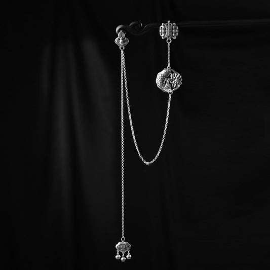Boho vintage ethnic silver long chain statement pendant with carved charm and bell details, styled on a display hook, ideal for bohemian and traditional fashion enthusiasts in the US