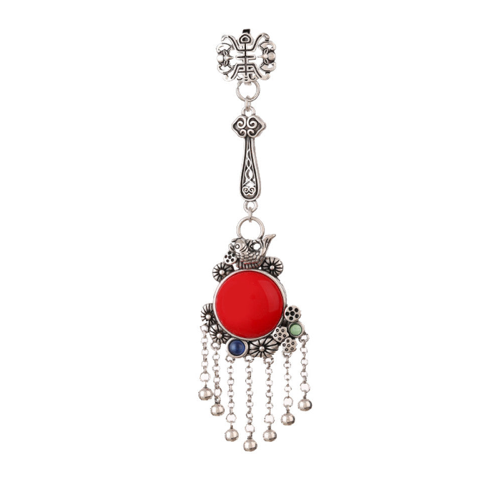 Boho vintage ethnic silver hair pendant charm with red gemstone and tassel details, styled on a display hook, ideal for bohemian and traditional fashion enthusiasts in the US 04