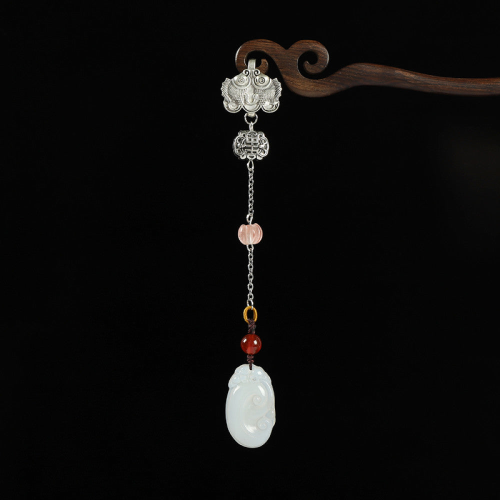 Boho vintage ethnic silver hair pendant featuring a ruyi-shaped jade charm, pink/yellow/red bead accents and decorative clasps, styled on a wooden display hook, ideal for bohemian and traditional fashion enthusiasts in the US 02
