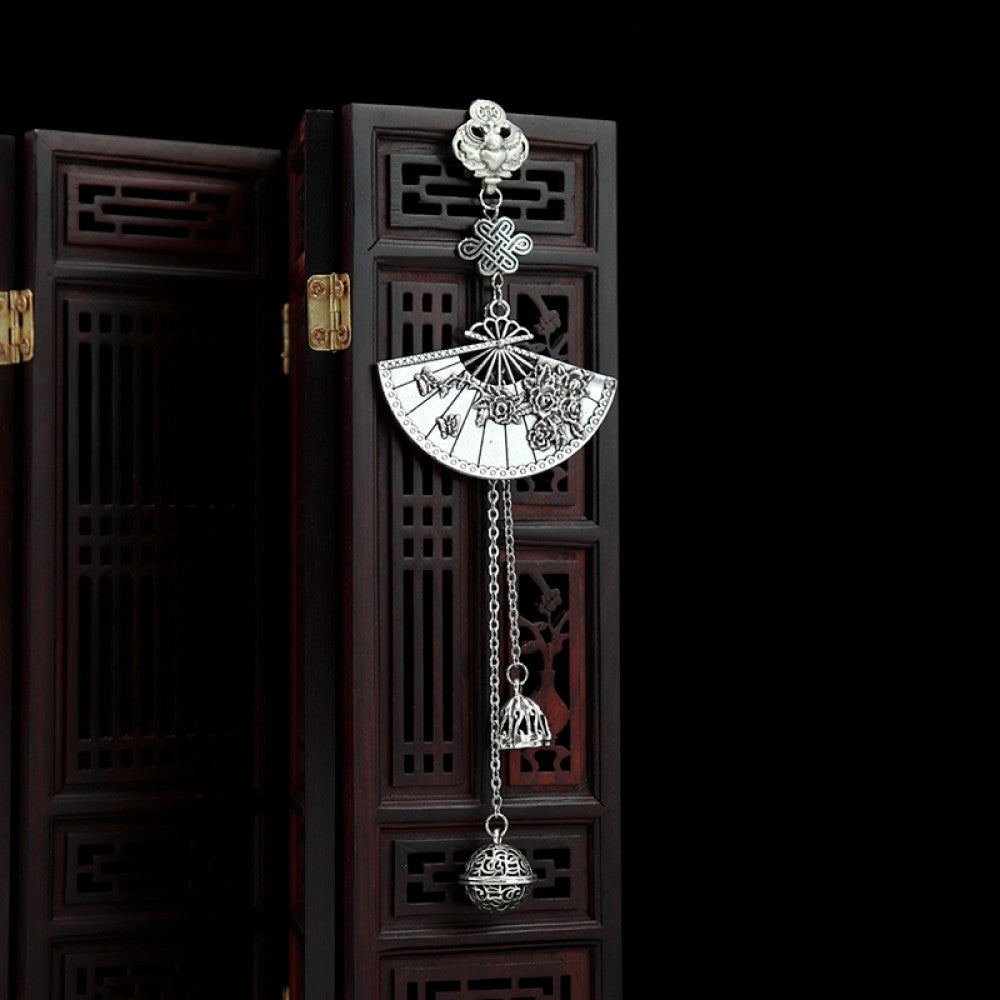 Boho vintage ethnic silver hair pendant featuring fan-shaped openwork charm, decorative tassel details, styled on a wooden display hook, ideal for bohemian and traditional fashion enthusiasts in the US 02