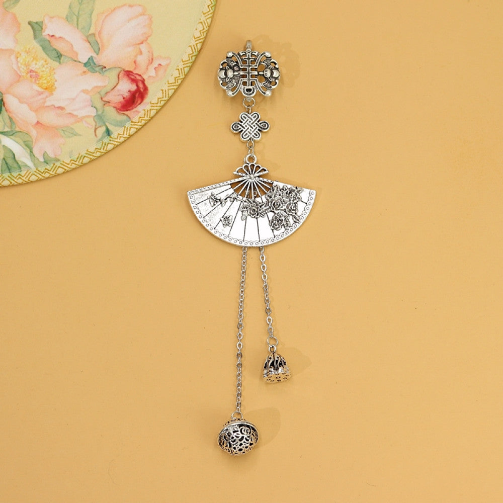Boho vintage ethnic silver hair pendant featuring fan-shaped openwork charm, decorative tassel details, styled on a wooden display hook, ideal for bohemian and traditional fashion enthusiasts in the US 03