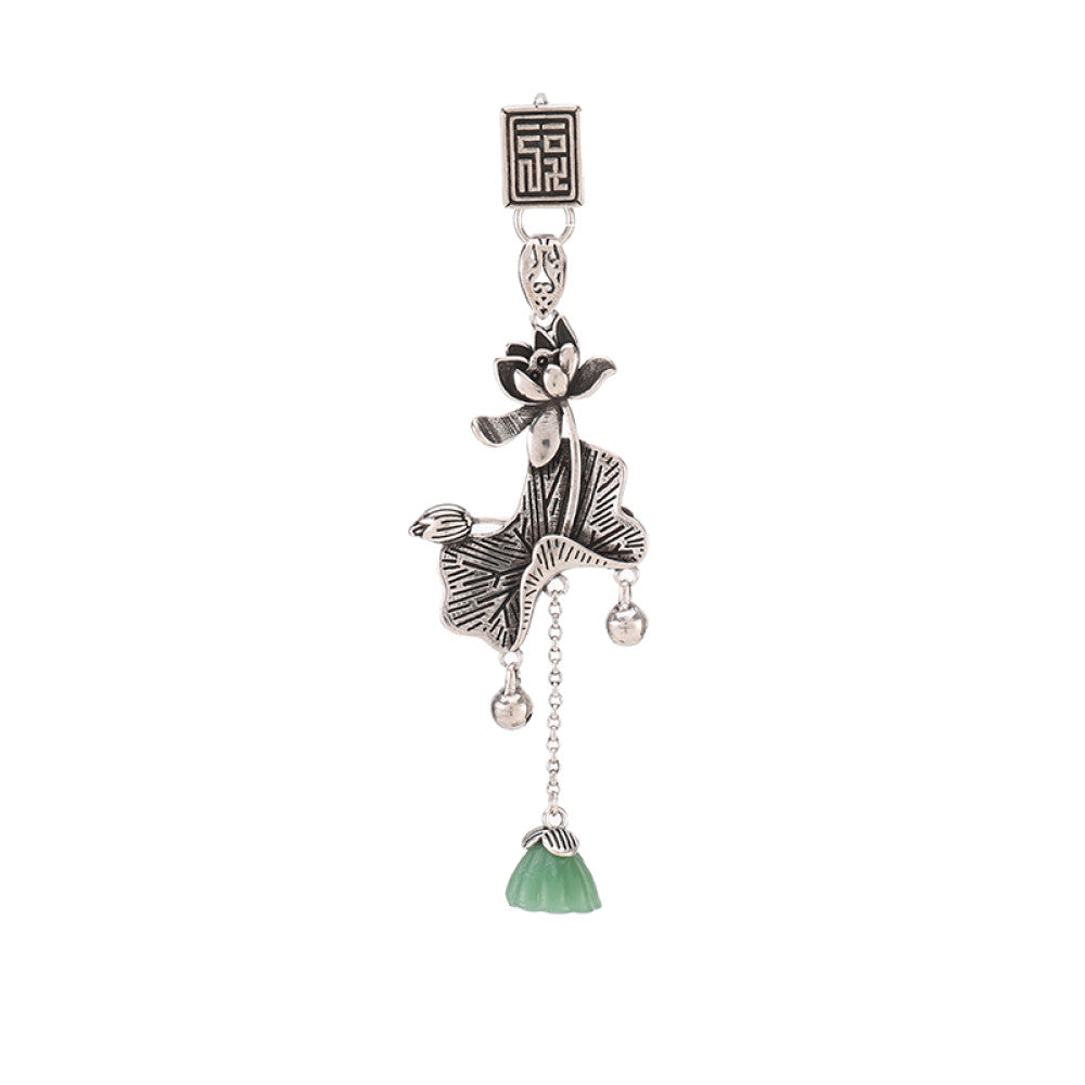 Boho vintage ethnic silver hair pendant featuring fu character detail, opera character-shaped charm and green tassel, styled on a wooden display hook, ideal for bohemian and traditional fashion enthusiasts in the US 05