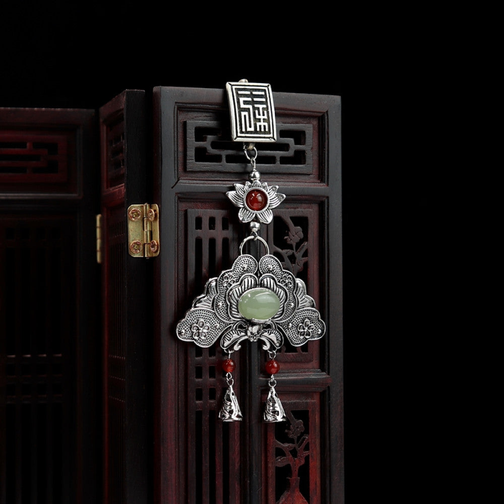 Boho vintage ethnic silver hair pendant featuring fu character, red gemstone accents, jade-inlaid fan-shaped charm and red tassel details, styled on a wooden display hook, ideal for bohemian and traditional fashion enthusiasts in the US 03