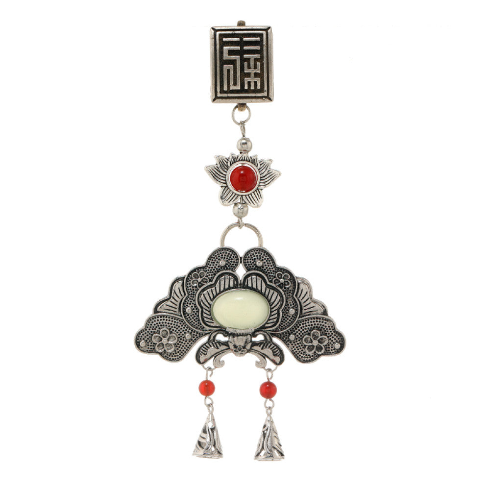 Boho vintage ethnic silver hair pendant featuring fu character, red gemstone accents, jade-inlaid fan-shaped charm and red tassel details, styled on a wooden display hook, ideal for bohemian and traditional fashion enthusiasts in the US 04