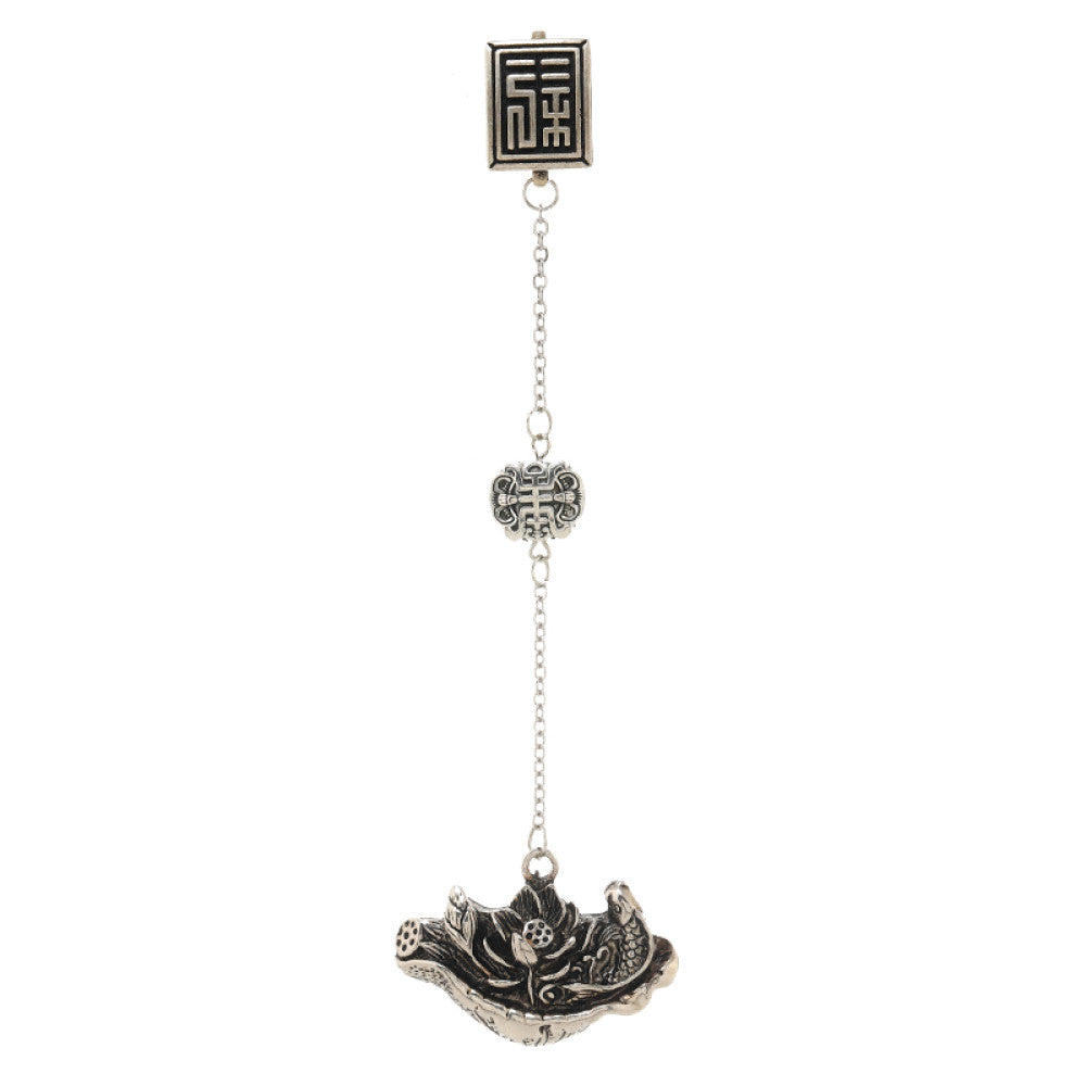 Boho vintage ethnic silver hair pendant featuring fu character detail and traditional lotus charm, styled on a wooden display hook, ideal for bohemian and traditional fashion enthusiasts in the US 05