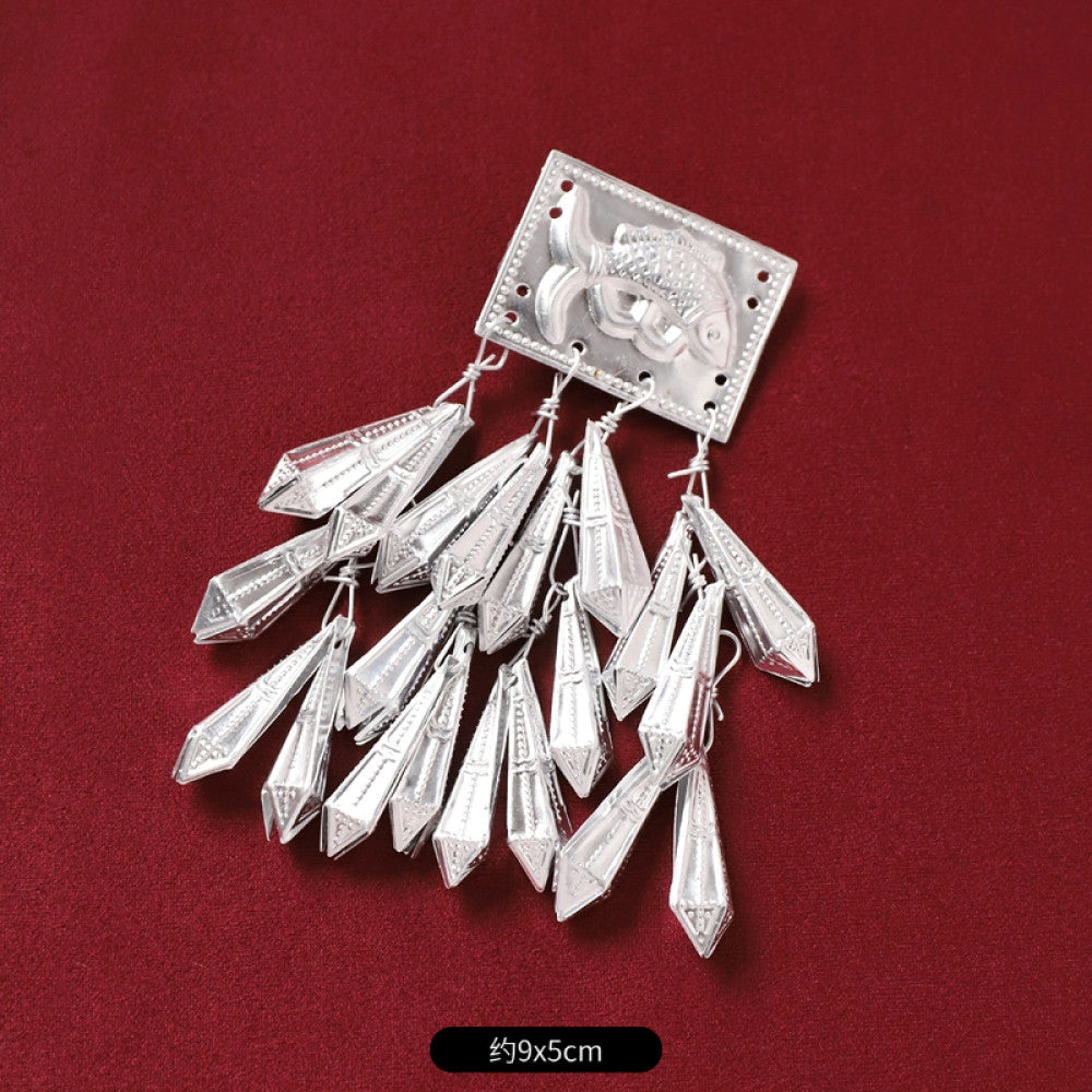 Boho vintage ethnic silver tone decorative brooch/ornament featuring butterfly lotus details, plus fish shaped and pearl tassel pendants, ideal for bohemian retro or traditional fashion styling in the US