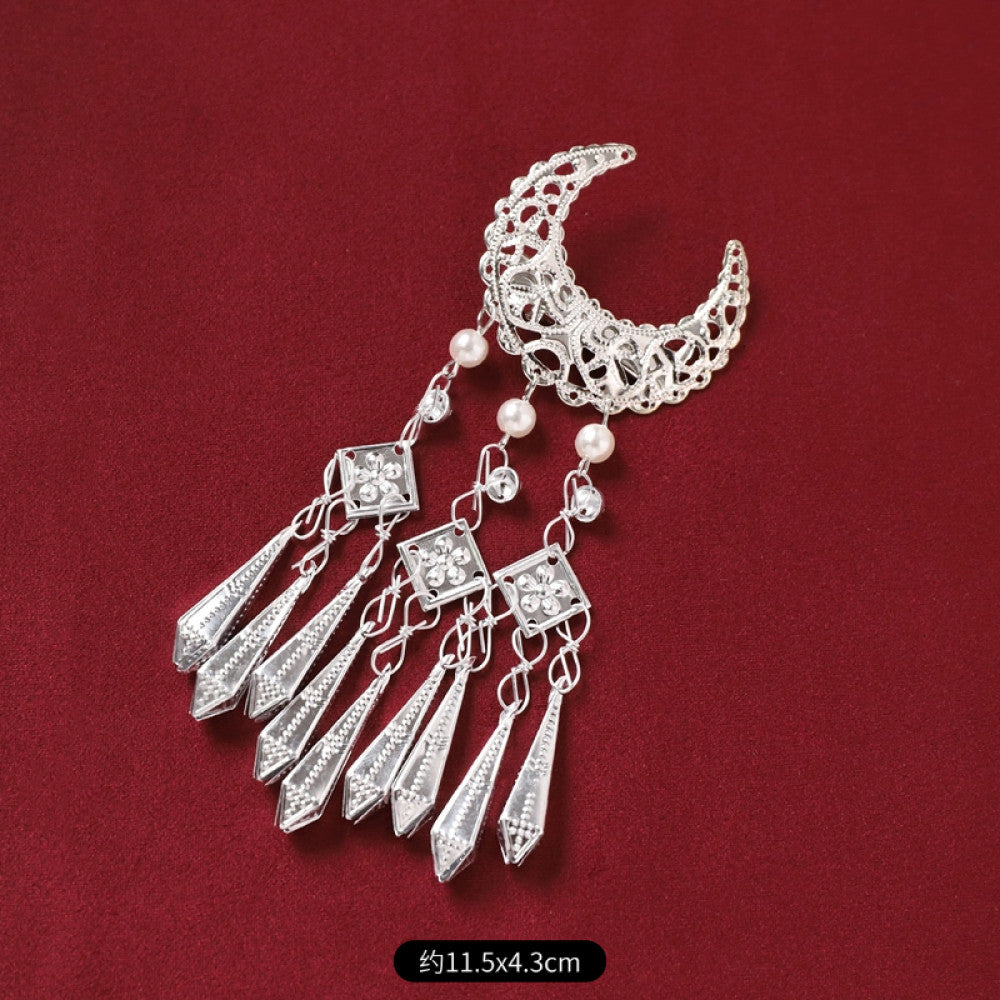 Boho vintage ethnic silver tone decorative brooch/ornament featuring butterfly lotus details, plus fish shaped and pearl tassel pendants, ideal for bohemian retro or traditional fashion styling in the US 01