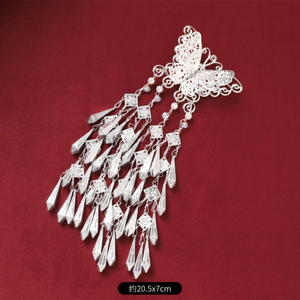 Boho vintage ethnic silver tone decorative brooch/ornament featuring butterfly lotus details, plus fish shaped and pearl tassel pendants, ideal for bohemian retro or traditional fashion styling in the US 02