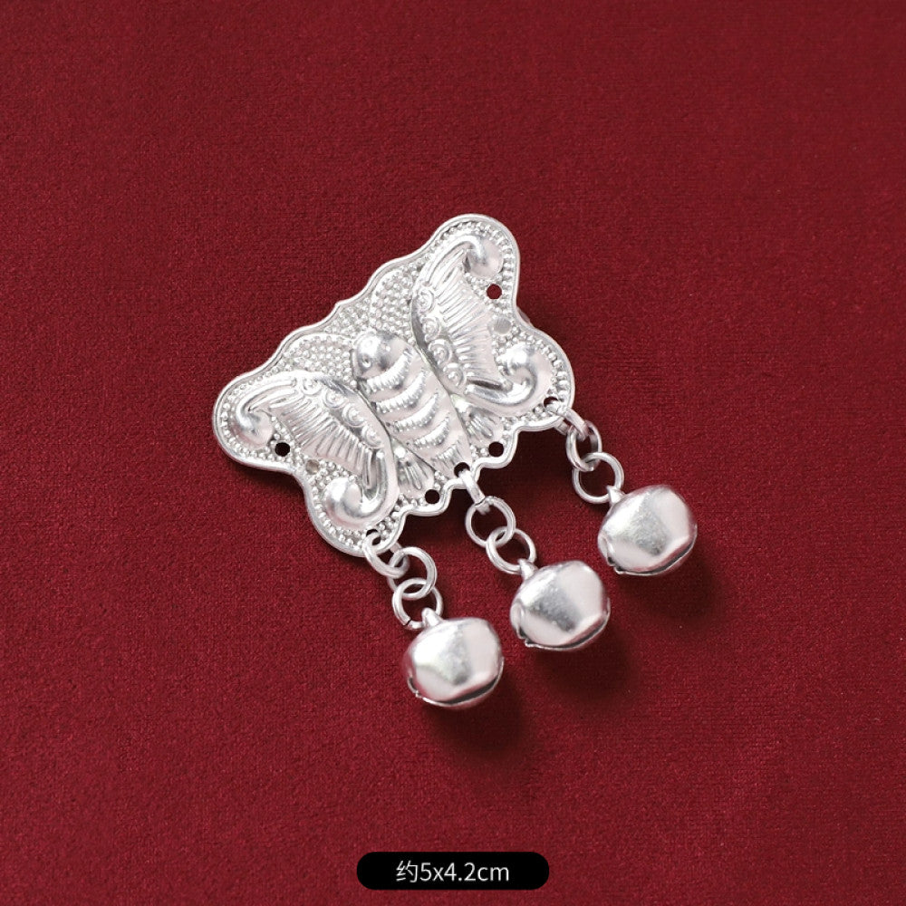 Boho vintage ethnic silver tone decorative brooch/ornament featuring butterfly lotus details, plus fish shaped and pearl tassel pendants, ideal for bohemian retro or traditional fashion styling in the US 04