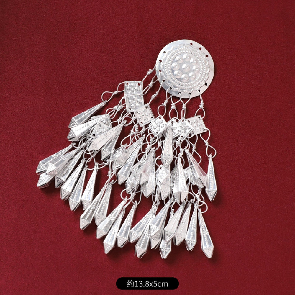 Boho vintage ethnic silver tone decorative brooch/ornament featuring butterfly lotus details, plus fish shaped and pearl tassel pendants, ideal for bohemian retro or traditional fashion styling in the US 05