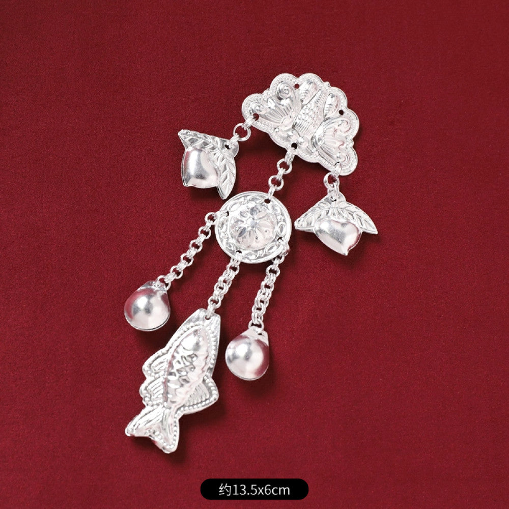 Boho vintage ethnic silver-tone decorative brooch/ornament (displayed on a rich red velvet background) featuring butterfly & lotus details, plus fish-shaped and pearl tassel pendants, ideal for bohemian retro or traditional fashion styling in the US