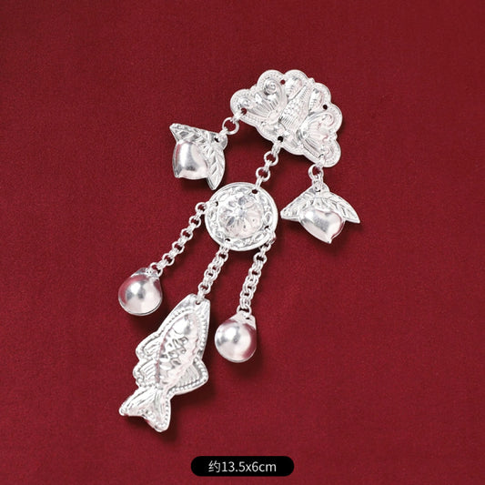 Boho vintage ethnic silver-tone decorative brooch/ornament (displayed on a rich red velvet background) featuring butterfly & lotus details, plus fish-shaped and pearl tassel pendants, ideal for bohemian retro or traditional fashion styling in the US