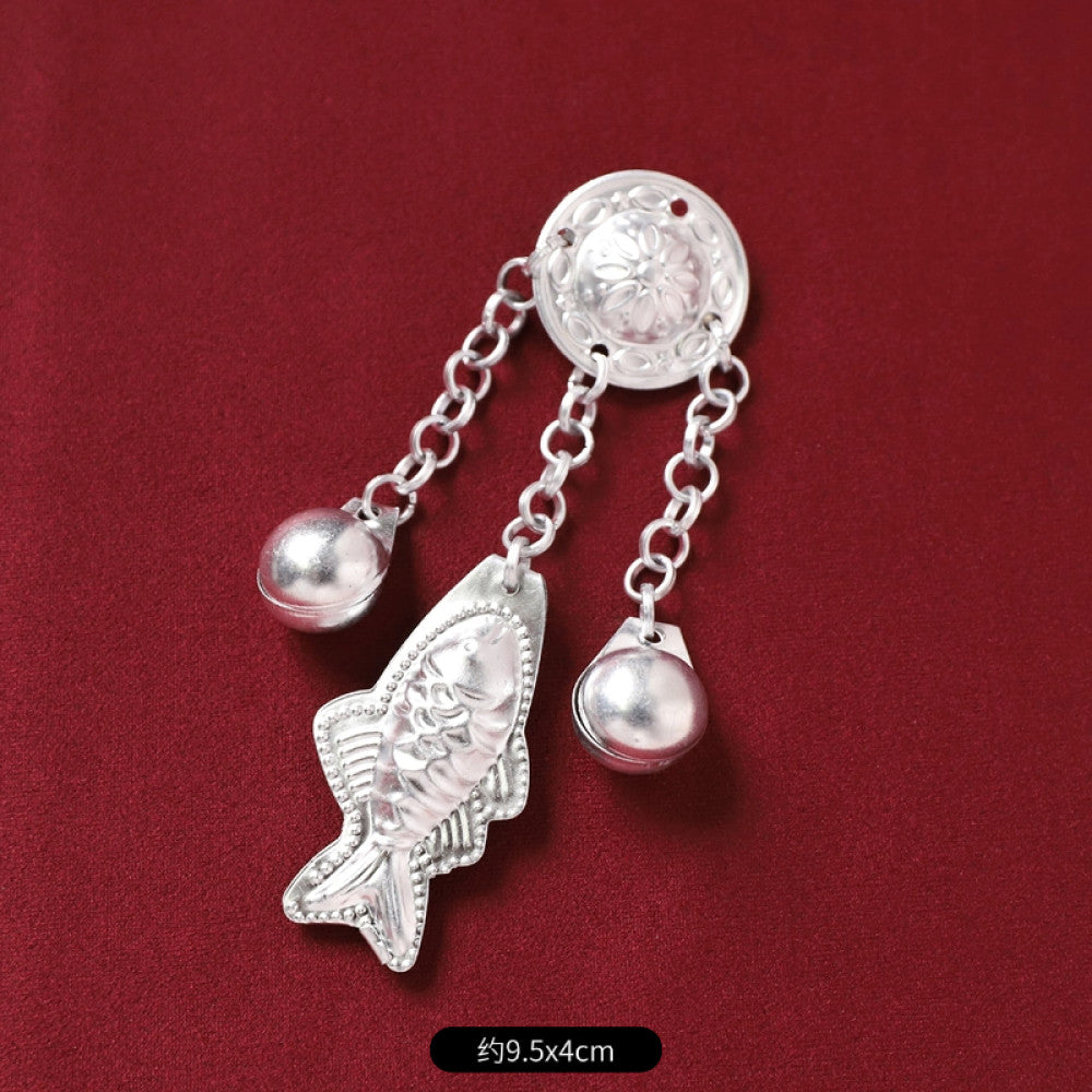 Boho vintage ethnic silver-tone decorative brooch/ornament (displayed on a rich red velvet background) featuring butterfly & lotus details, plus fish-shaped and pearl tassel pendants, ideal for bohemian retro or traditional fashion styling in the US 03